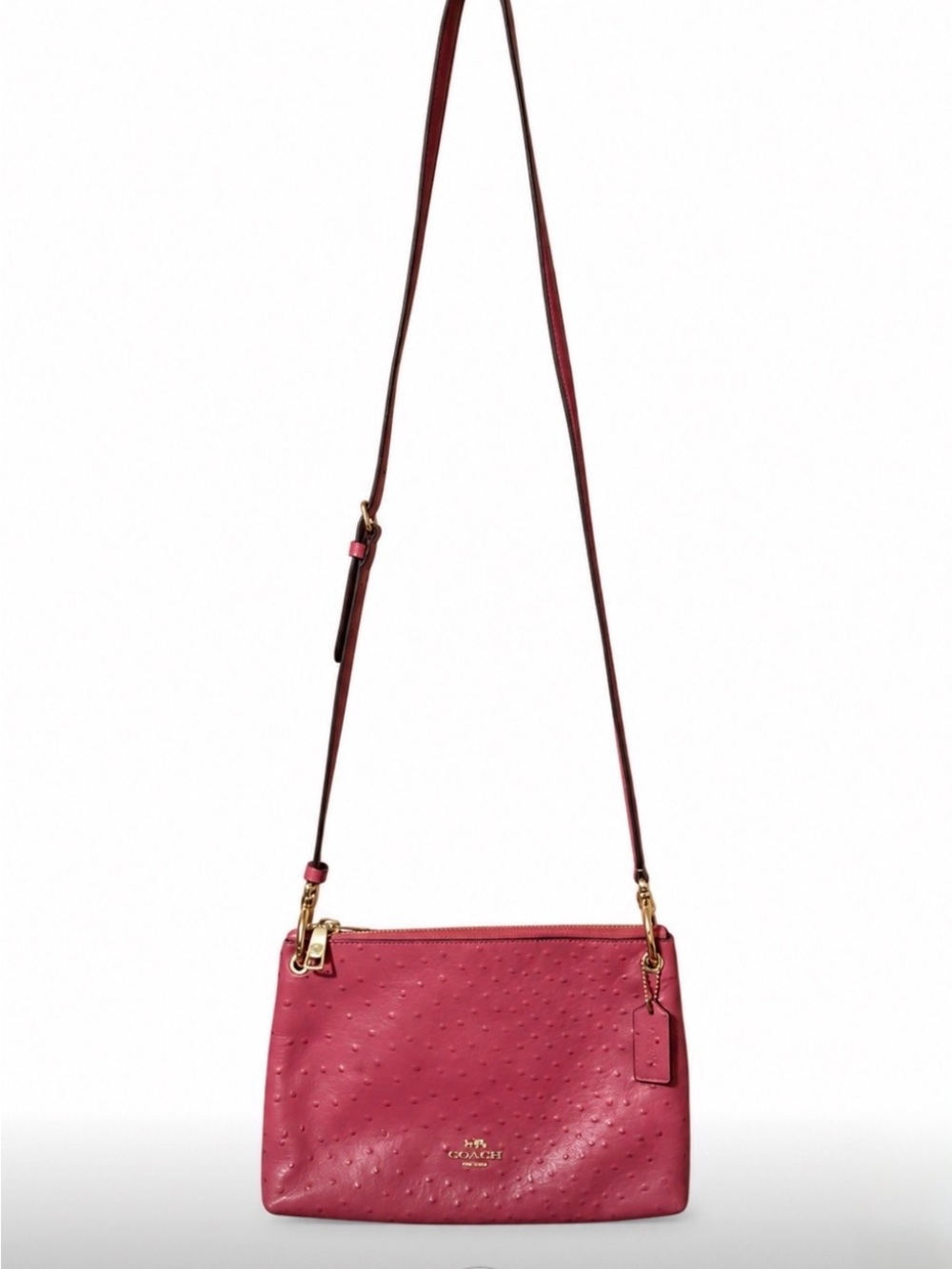 Coach Pink Mia Ostrich Embossed Leather Zip Crossbody Shoulder Bag